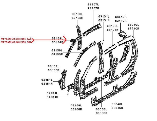 MITSUBISHI L200- PICK UP- 06/15; ÖN DİREK ÜST IÇ SACI SOL TAVAN ÖN KISMINA TAKILAN ÇİFT KABİN(OR