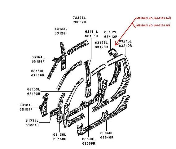 MITSUBISHI L200- PICK UP- 06/15; ARKA DİREK İÇ SACI SAĞ (ÇİFT KABİN) (ORİJİNAL)