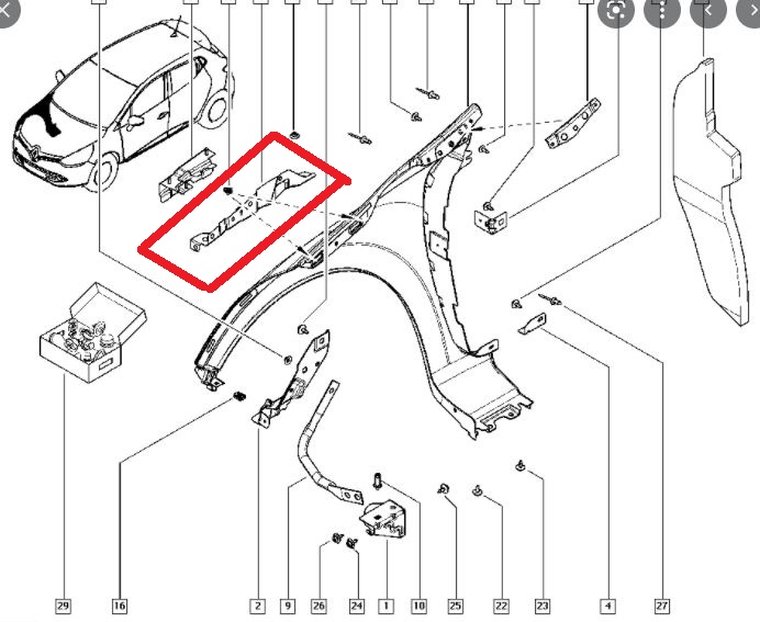 resimler/genel/RENAULT CLIO- 4- HB- 16/20; ÖN ÇAMURLUK BAĞLANTI SUPORTU SAĞ (ORTA KISIM) (SAC) (EAGLE BODY)