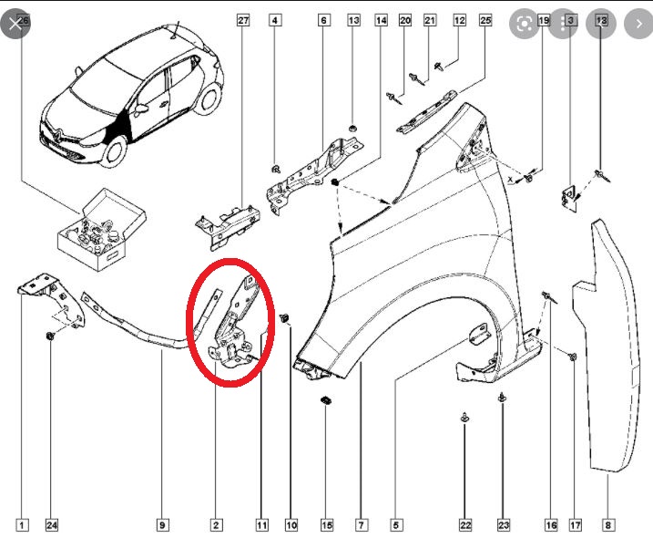 RENAULT CLIO- 4- HB- 16/20; ÖN ÇAMURLUK BAĞLANTI SUPORTU SOL (UÇ KISIM) (SAC) (EAGLE BODY)