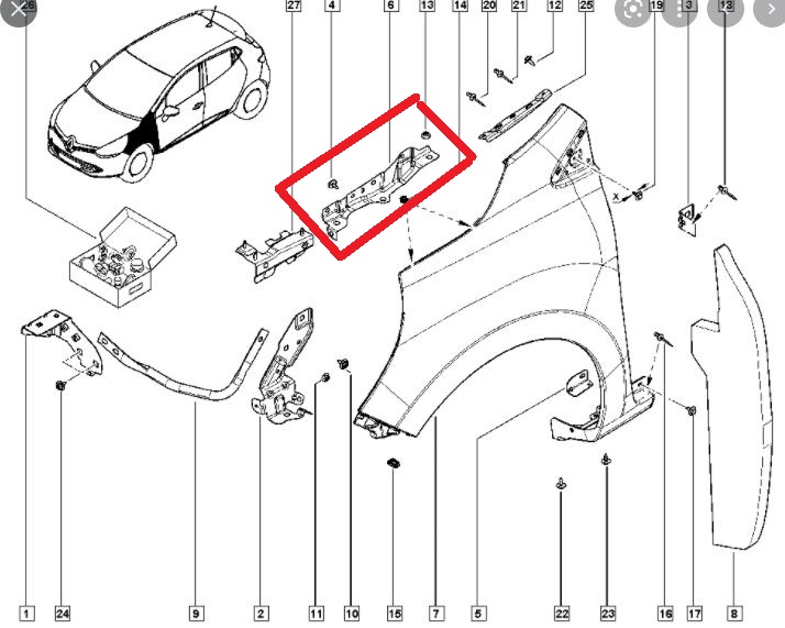 RENAULT CLIO- 4- HB- 13/16; ÖN ÇAMURLUK BAĞLANTI SUPORTU SOL (ORTA KISIM) (SAC) (EAGLE BODY)