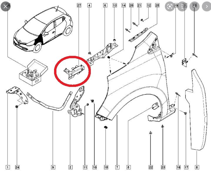 (YENİ ÜRÜN!!!)RENAULT CLIO- 4- SPORT TOURER- 13/16; ÖN ÇAMURLUK BAĞLANTI SUPORTU SOL(ORTA İÇ KISIM)(SAC)(EAGLEBODY